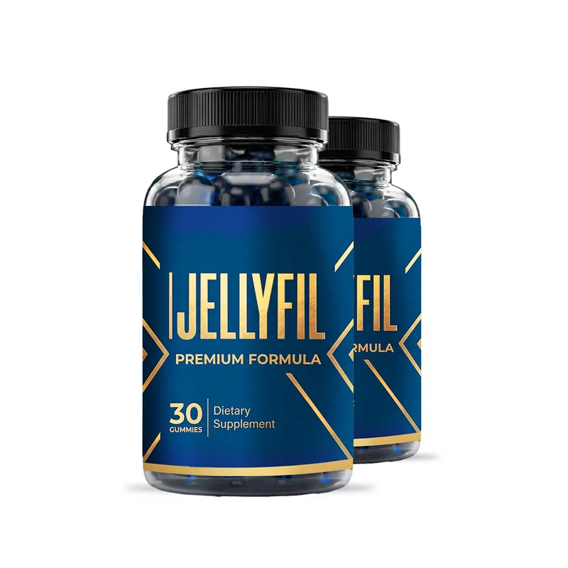 A bottle of JellyFil male vitality gummies on a clean desk beside a single amber gummy and a 4.7 out of 5 rating card
